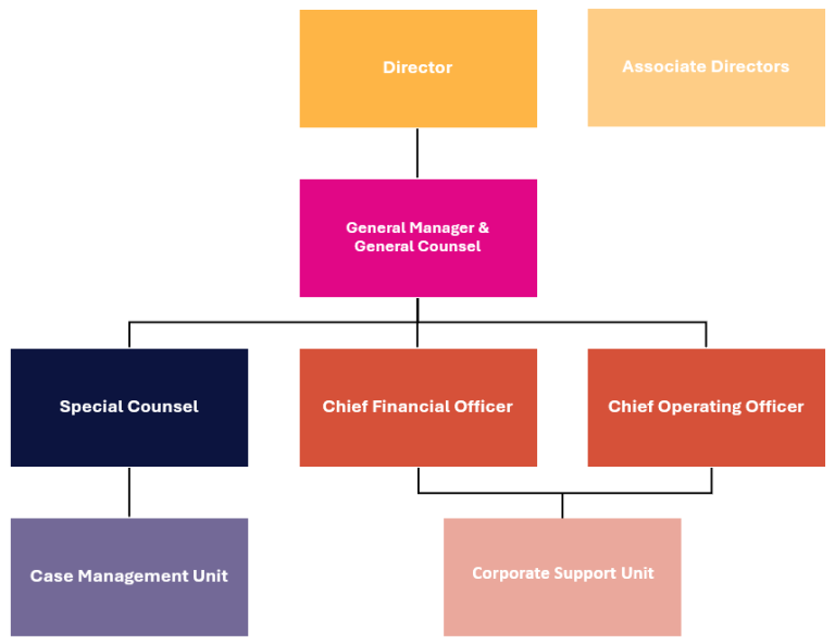 An image of the high level PSR organisational structure, that shows the case management unit reporting to the special counsel, the corporate support unit reporting to the chief operating officer and the chief financial officer. The special counsel, chief operating officer and chief financial officer all report to the general manager/general counsel, who reports to the Director.